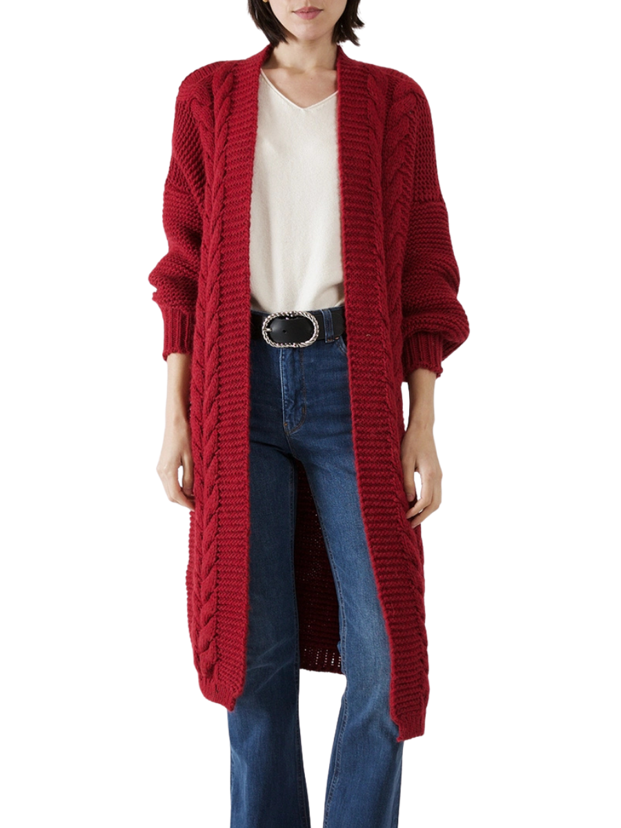 Alpaca Blend Cable Knit Cardigan- Bordeaux