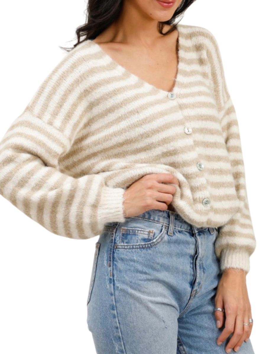 Liza Stripe Cardigan- Beige/Off White