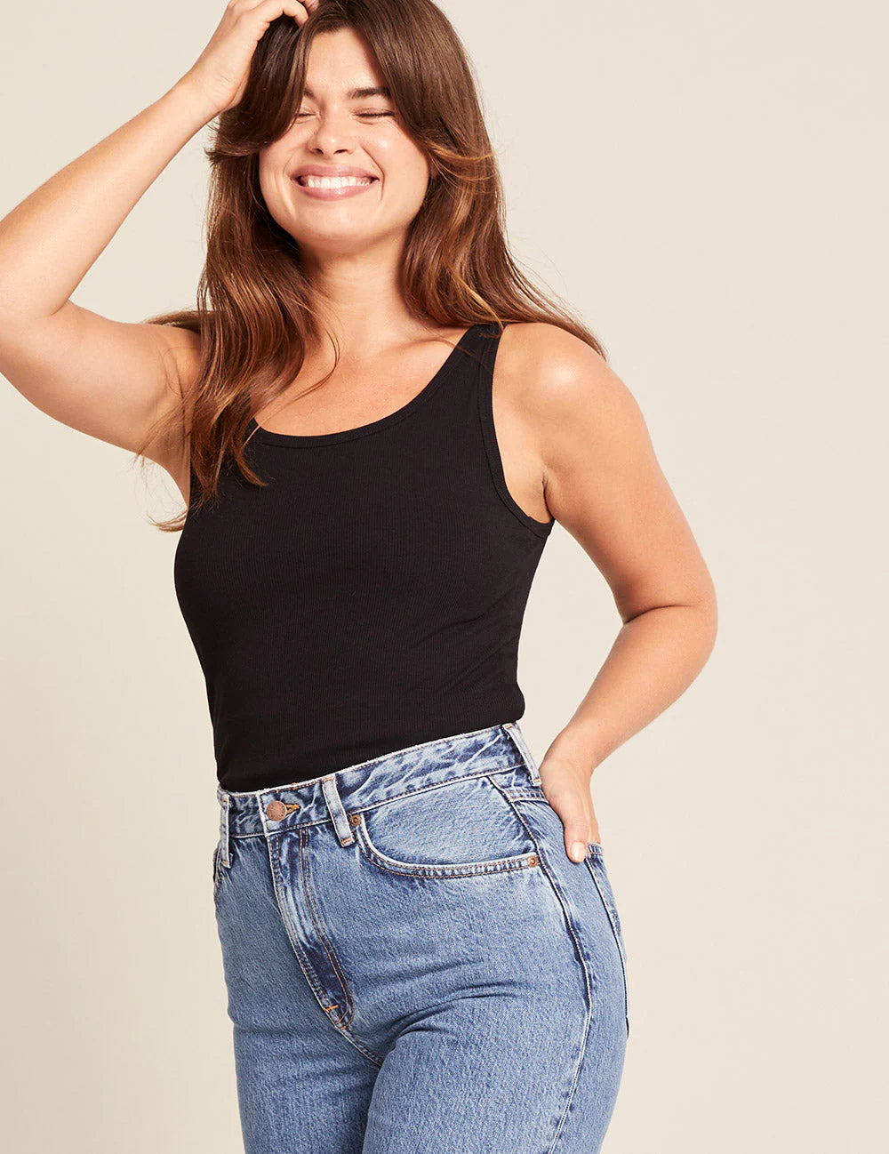 Ribbed Scoop Neck Tank - Black