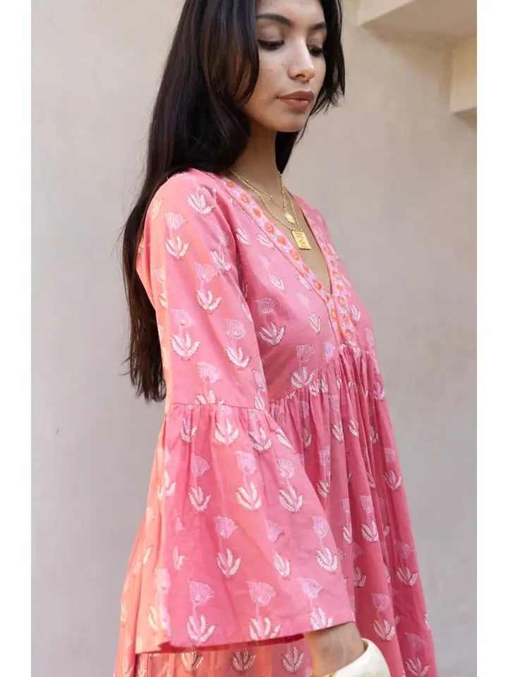 Bhavani Hand Block Printed Dress - Coral