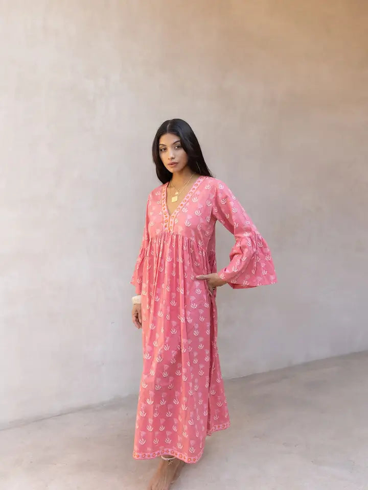 Bhavani Hand Block Printed Dress - Coral