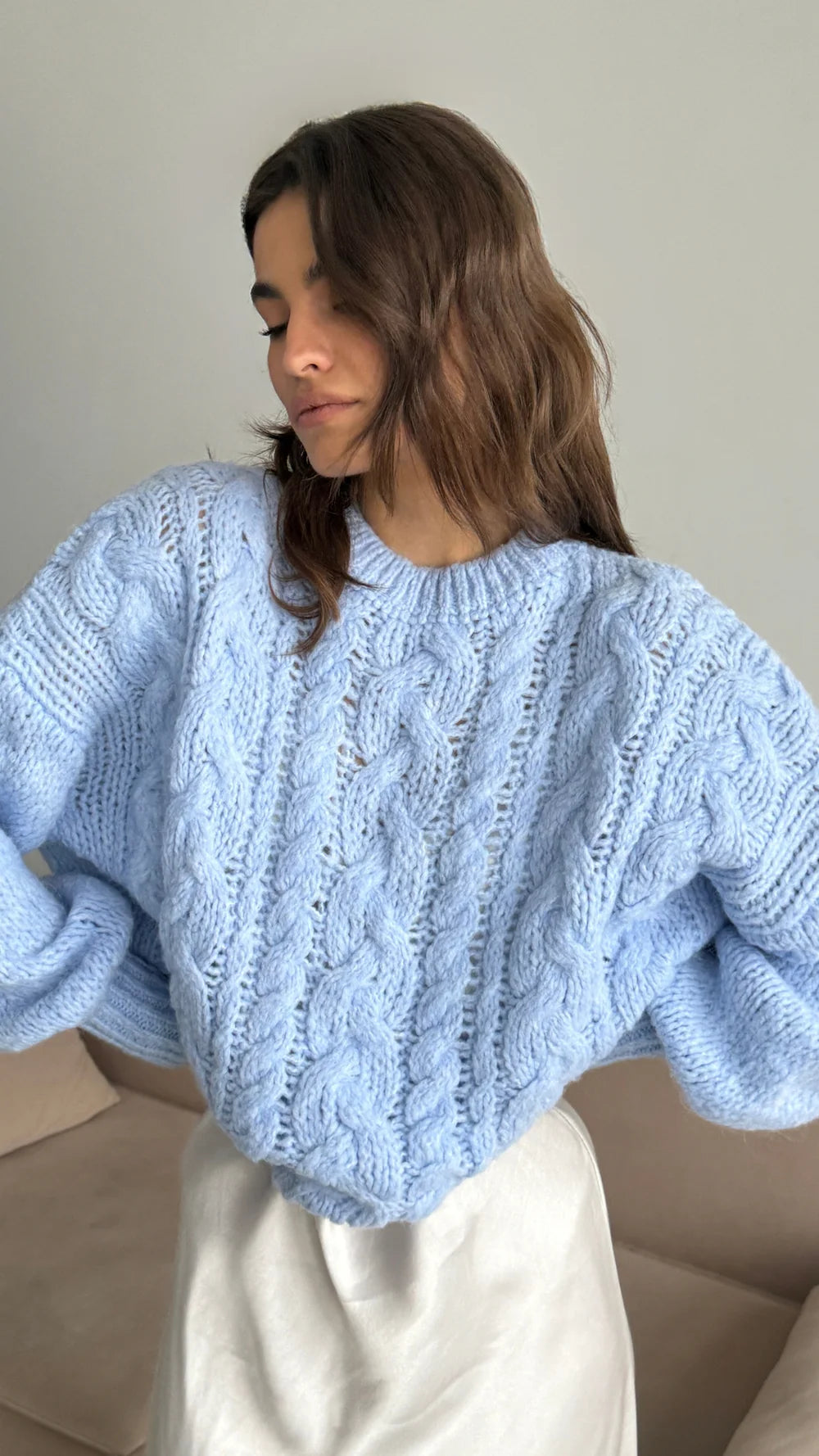 Mara Crew Cable Knit - Sky Blue