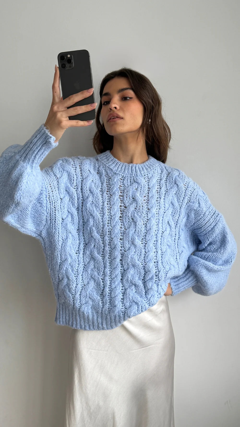 Mara Crew Cable Knit - Sky Blue