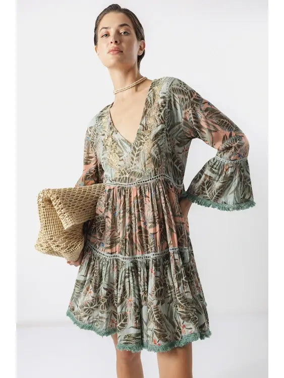Palm Embroidered Dress - Multi