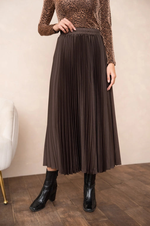 Pleated Satin Skirt - Chocolate