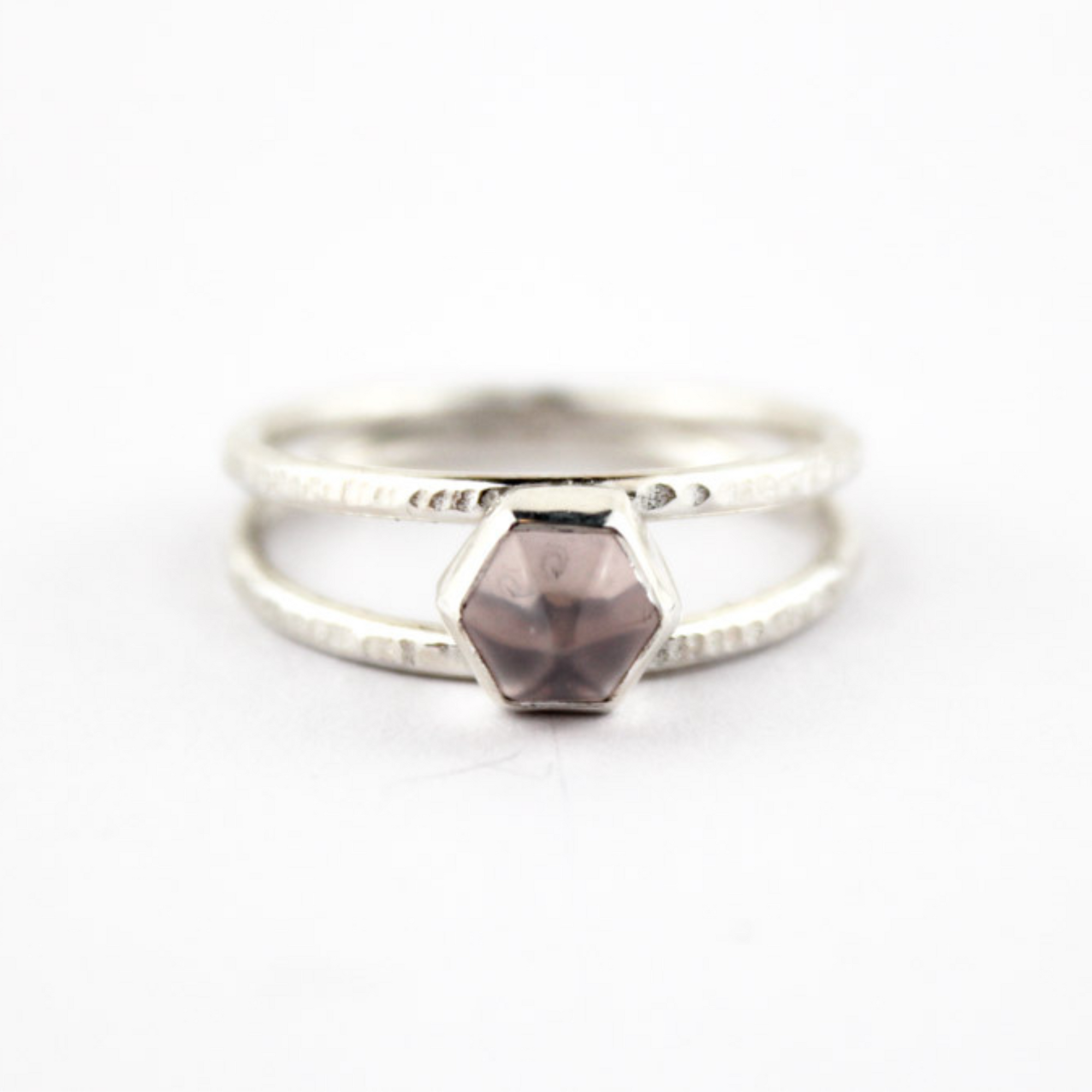 Silver & Rose Quartz Double Band Ring
