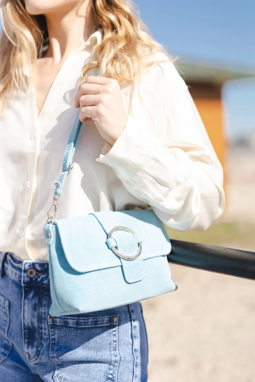 Suede Shoulder Sachel - Sky Blue