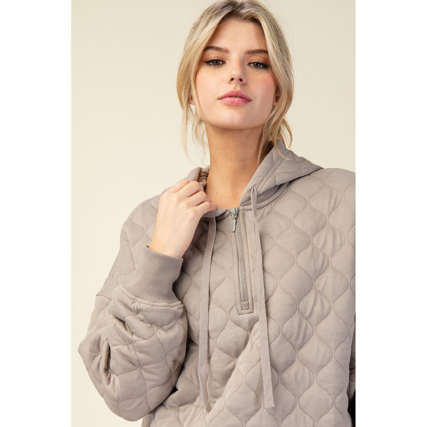 Quilted Hooded 1/4 Zip in Taupe