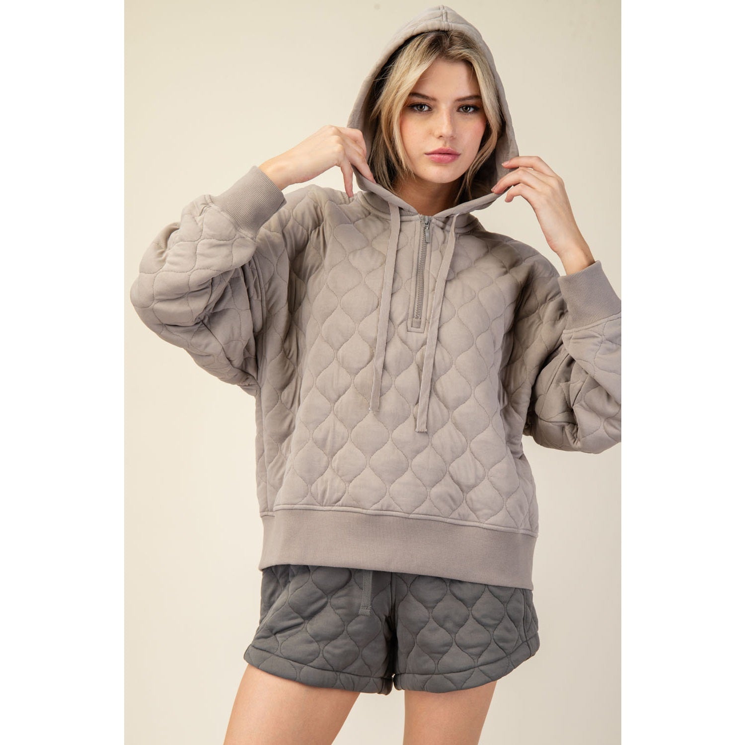 Quilted Hooded 1/4 Zip in Taupe