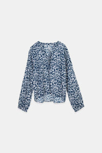 Printed Tie Blouse in Blue/White