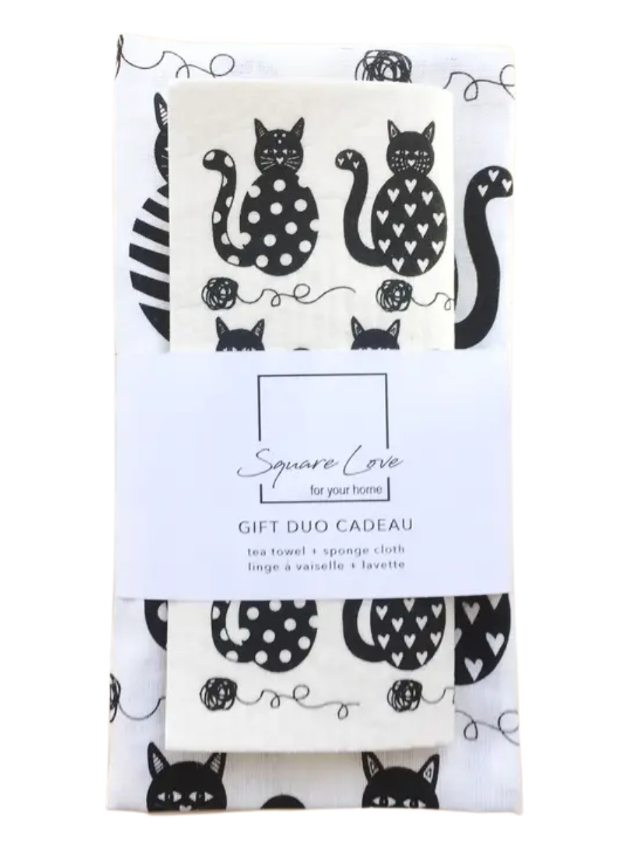 Eco Tea Towel & Sponge Cloth Gift Duo - Cats