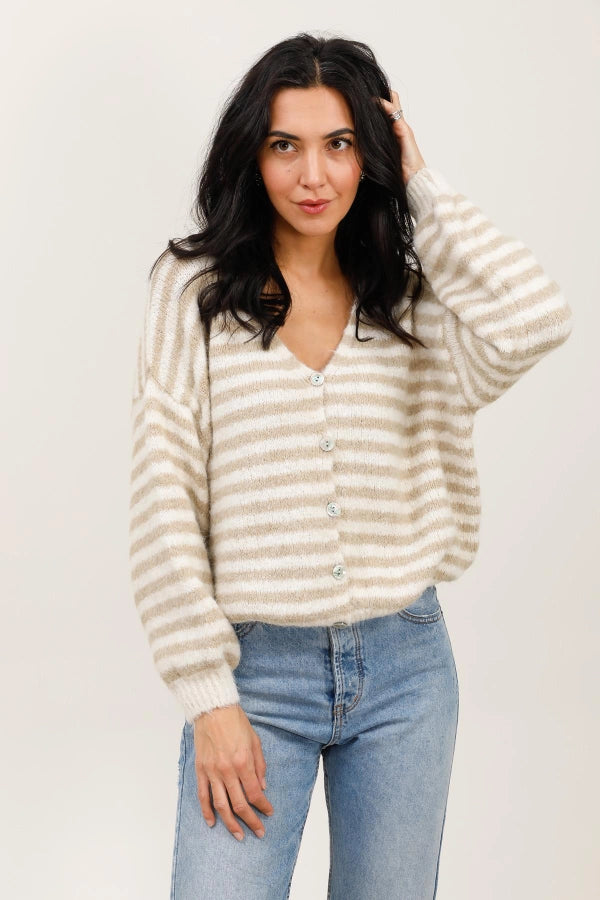 Liza Stripe Cardigan- Beige/Off White