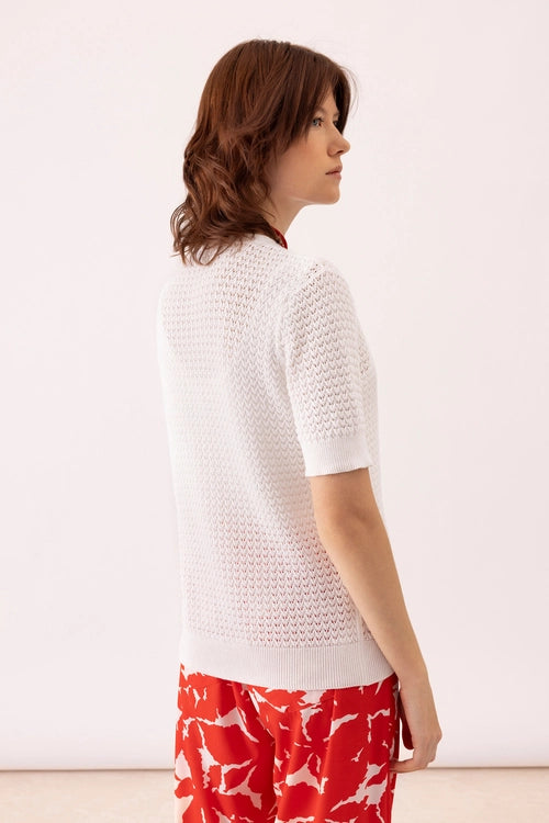 Short Sleeve Open Knit Cardigan - White