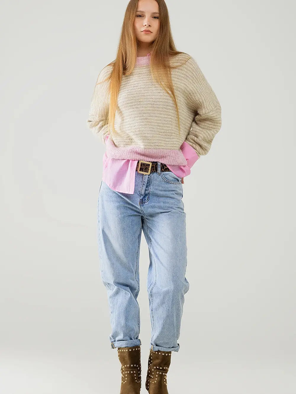 Amara Contrast Sweater - Pink/Cream
