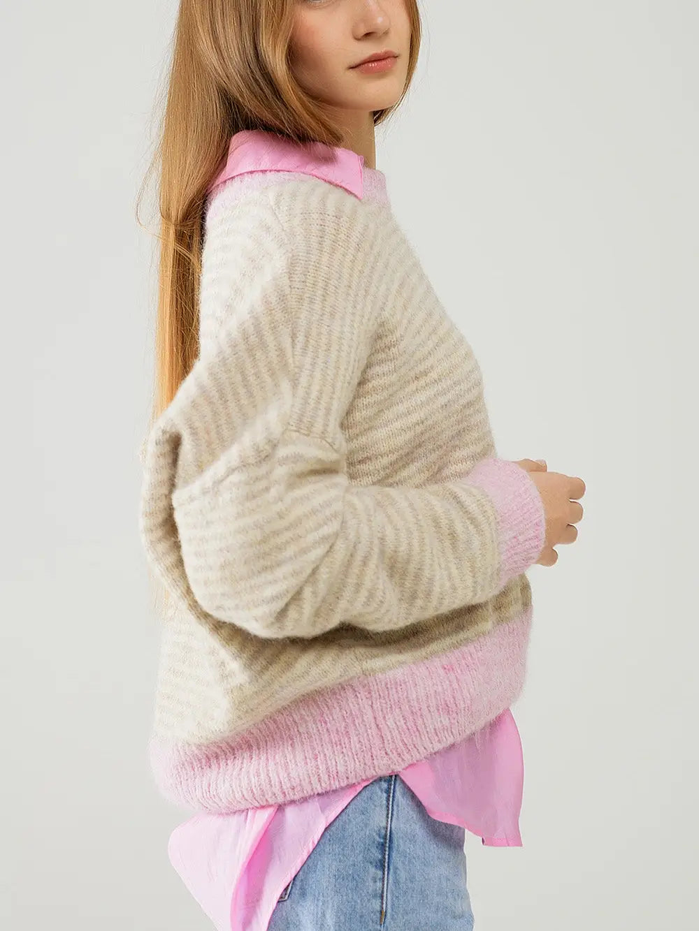 Amara Contrast Sweater - Pink/Cream