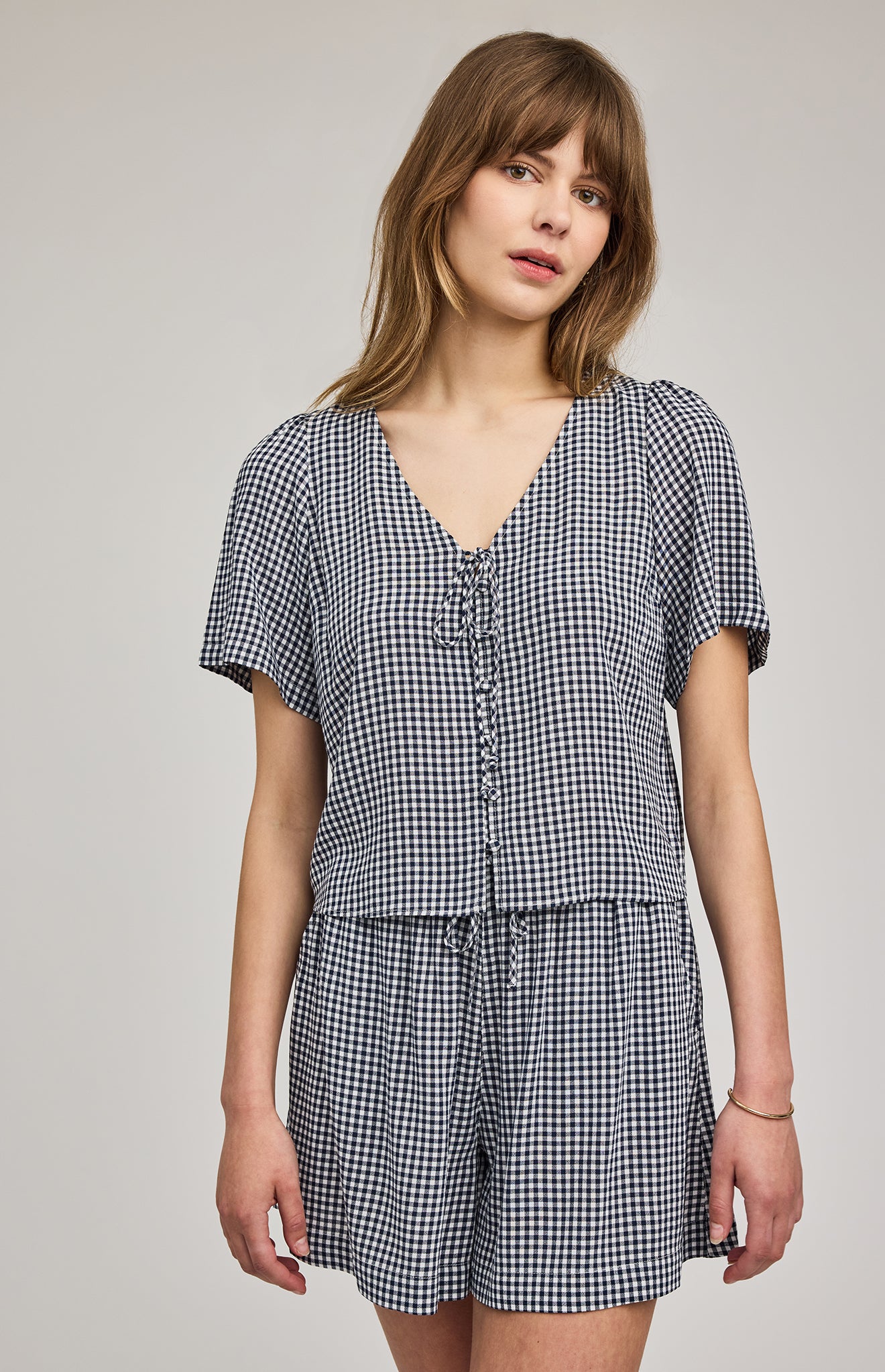 Becca Short Sleeve Blouse - Navy Gingham