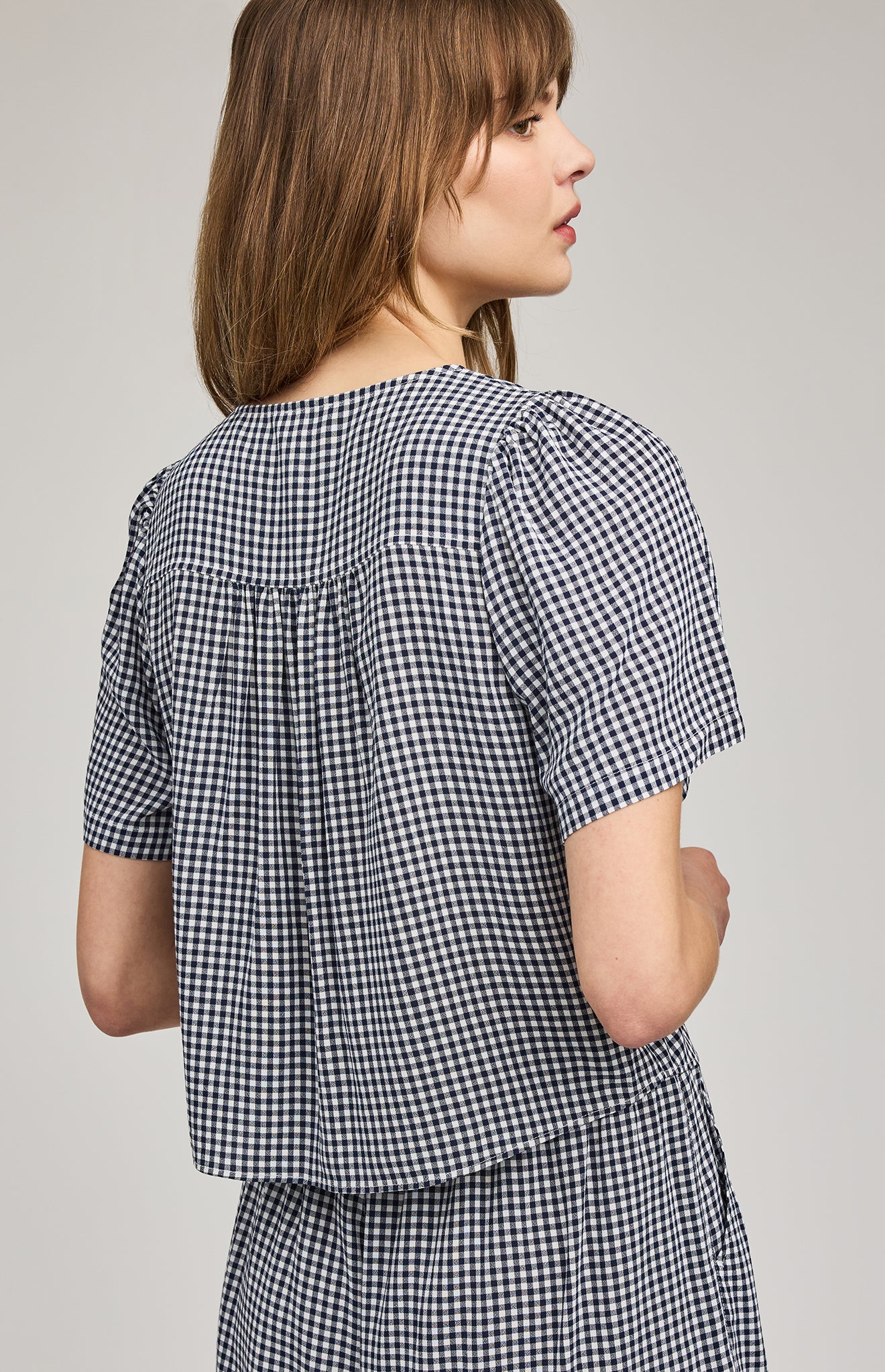 Becca Short Sleeve Blouse - Navy Gingham