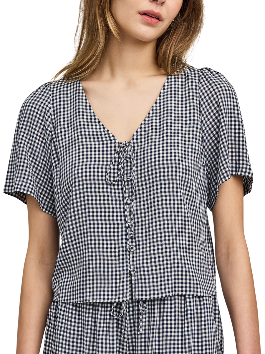 Becca Short Sleeve Blouse - Navy Gingham