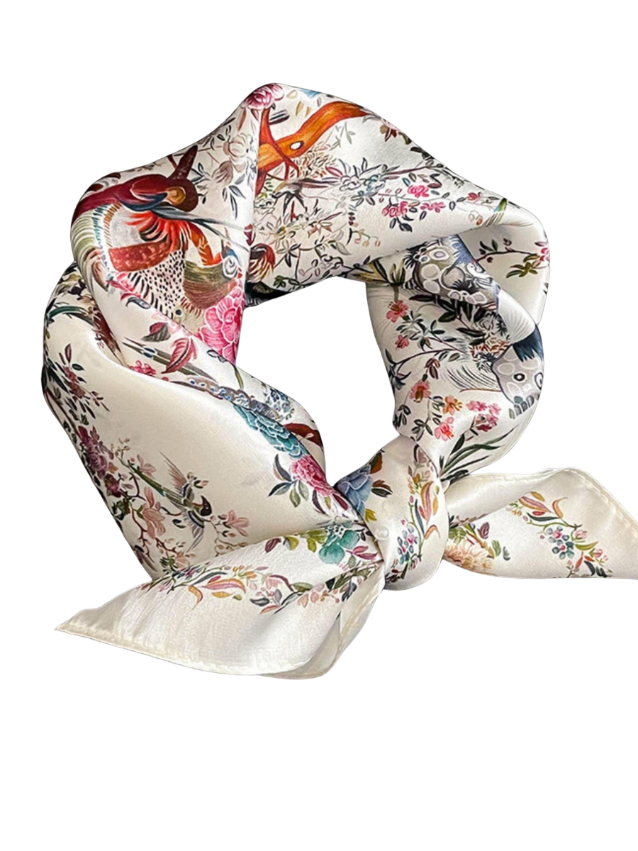 Mulberry Silk Scarf - Beige Floral/Bird Print