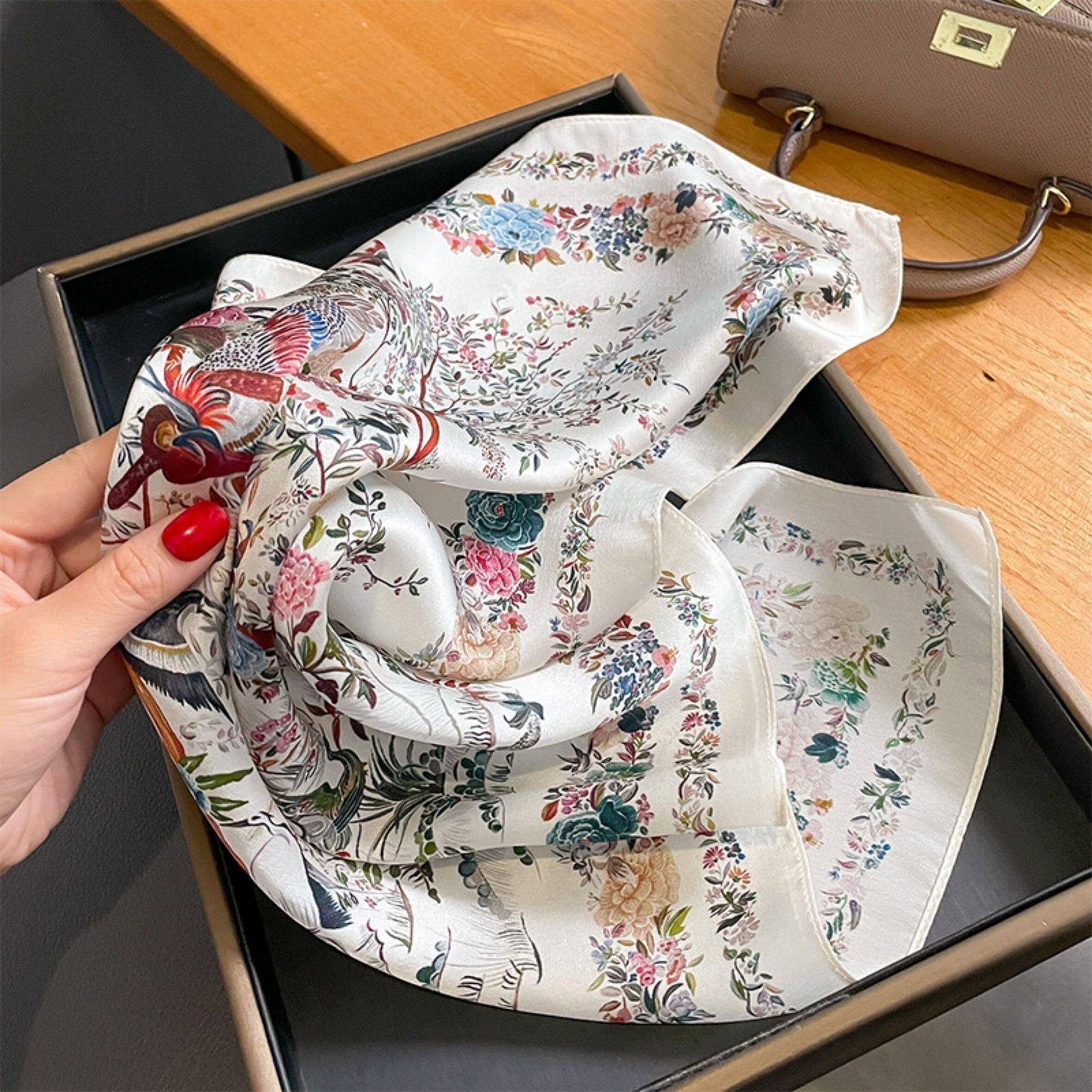 Mulberry Silk Scarf - Beige Floral/Bird Print