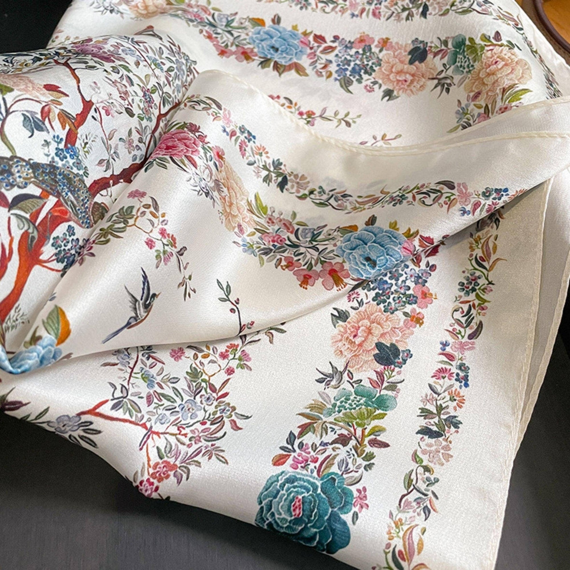 Mulberry Silk Scarf - Beige Floral/Bird Print