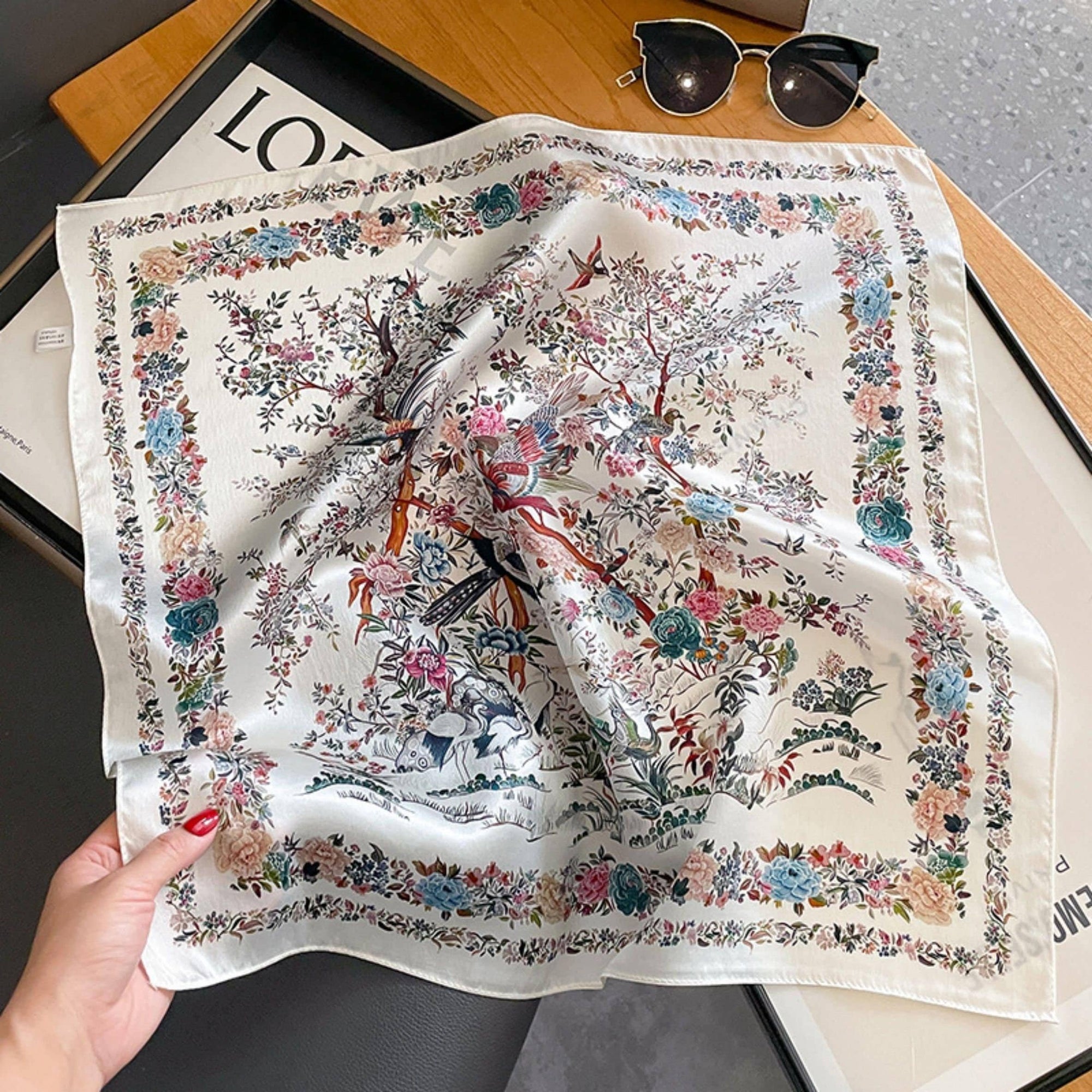 Mulberry Silk Scarf - Beige Floral/Bird Print