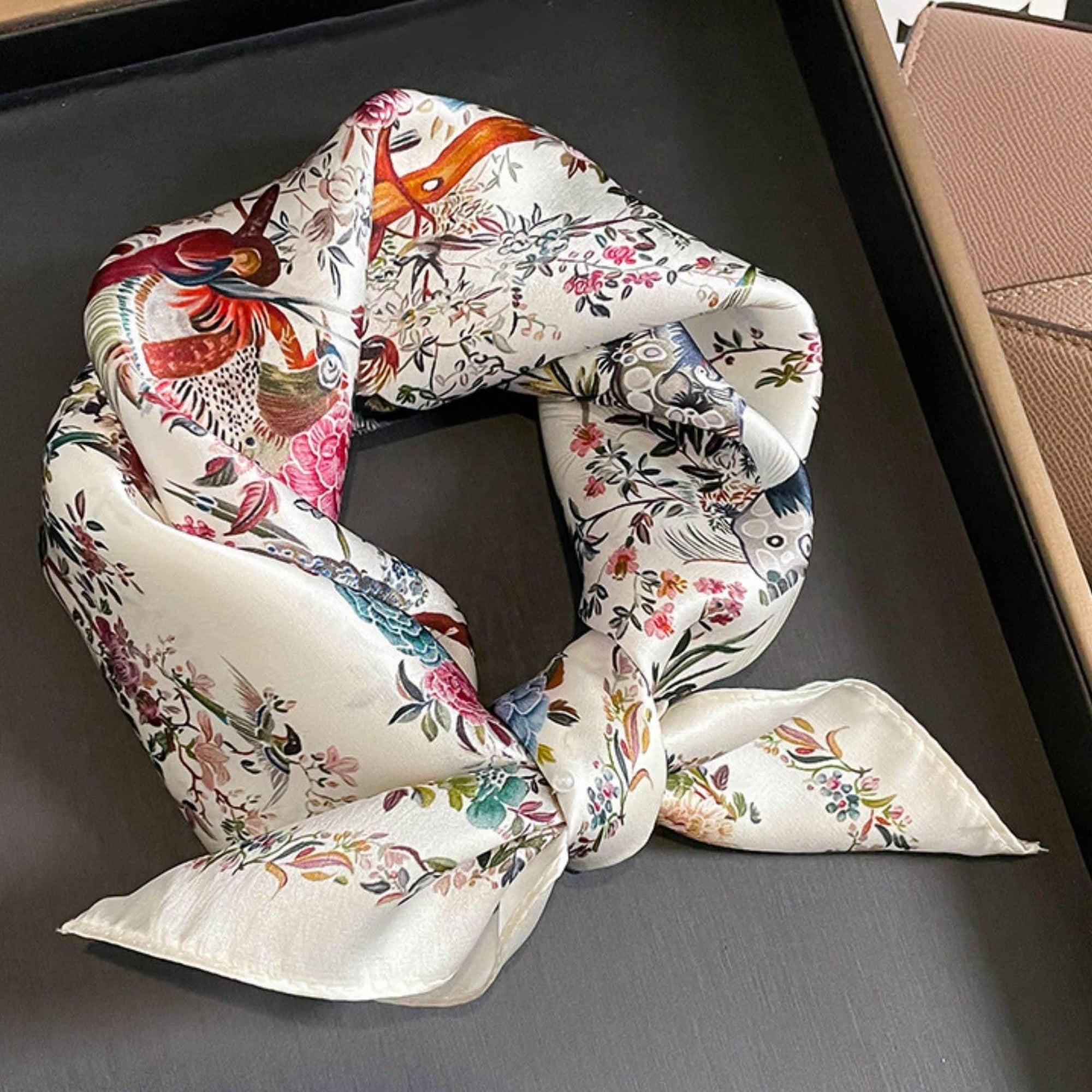 Mulberry Silk Scarf - Beige Floral/Bird Print