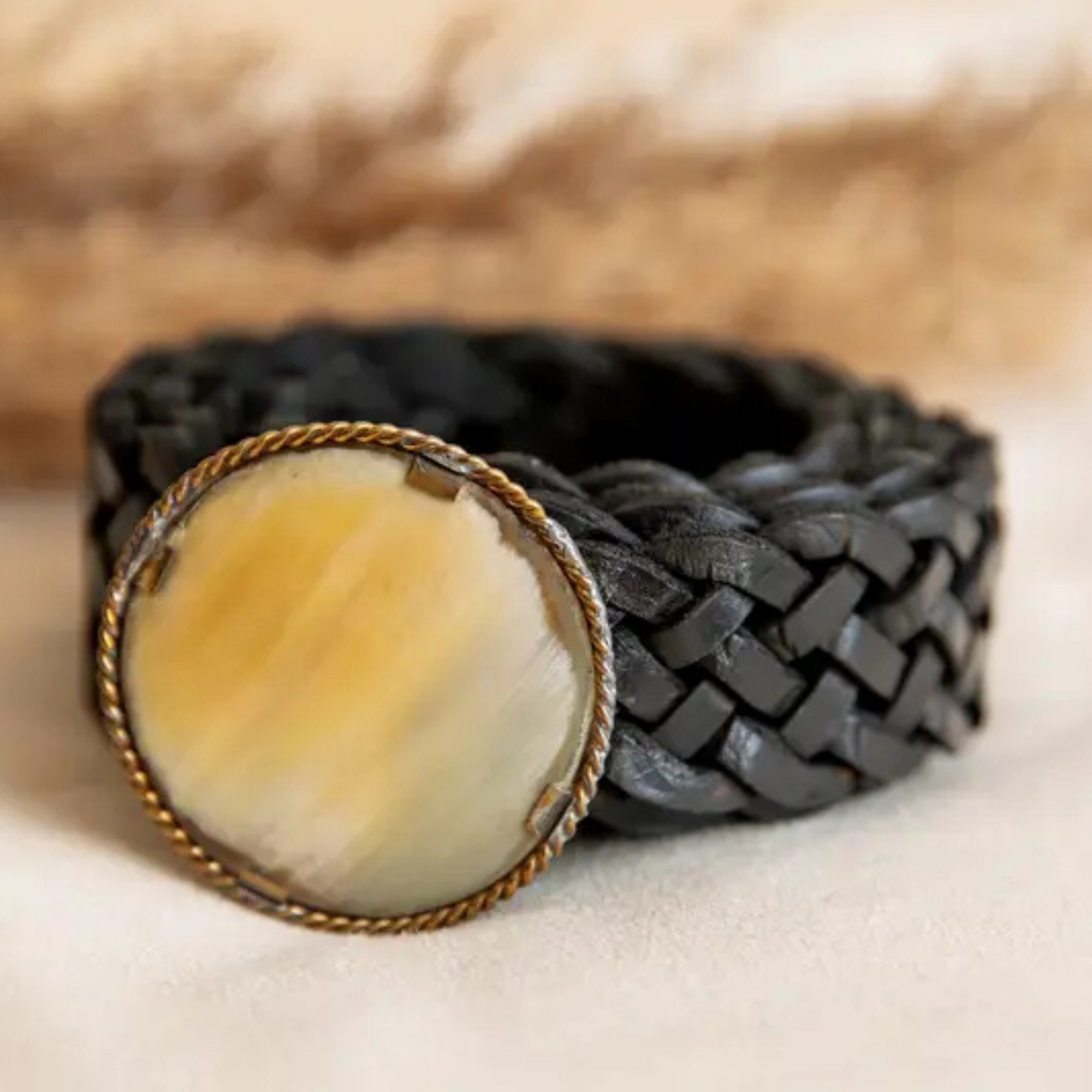 Round Stainless Buckle with two-tone mother-of-Pearl Stone - Braided Belt