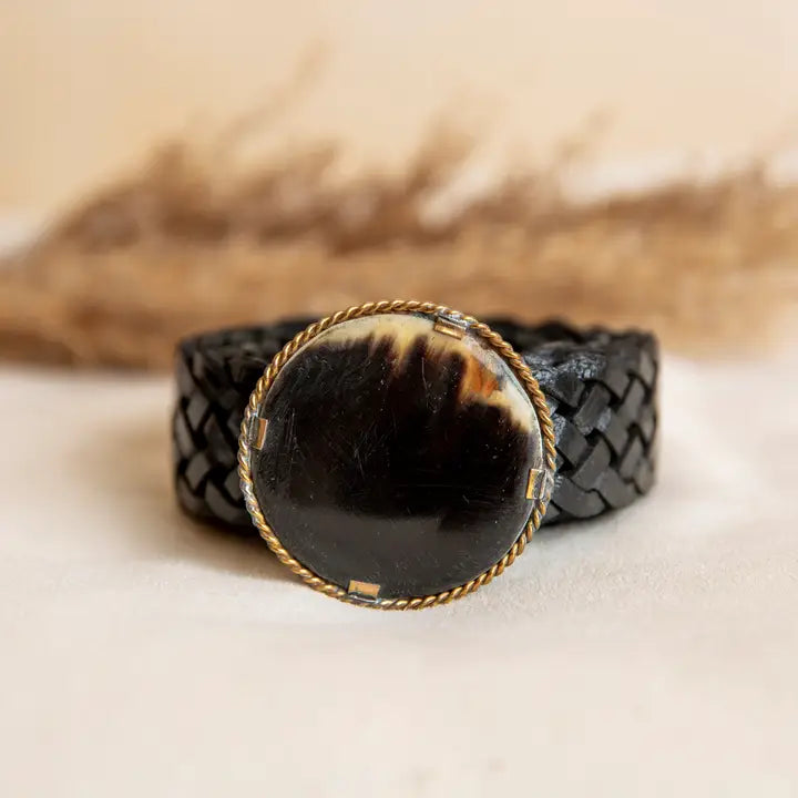 Round Stainless Buckle with two-tone mother-of-Pearl Stone - Braided Belt