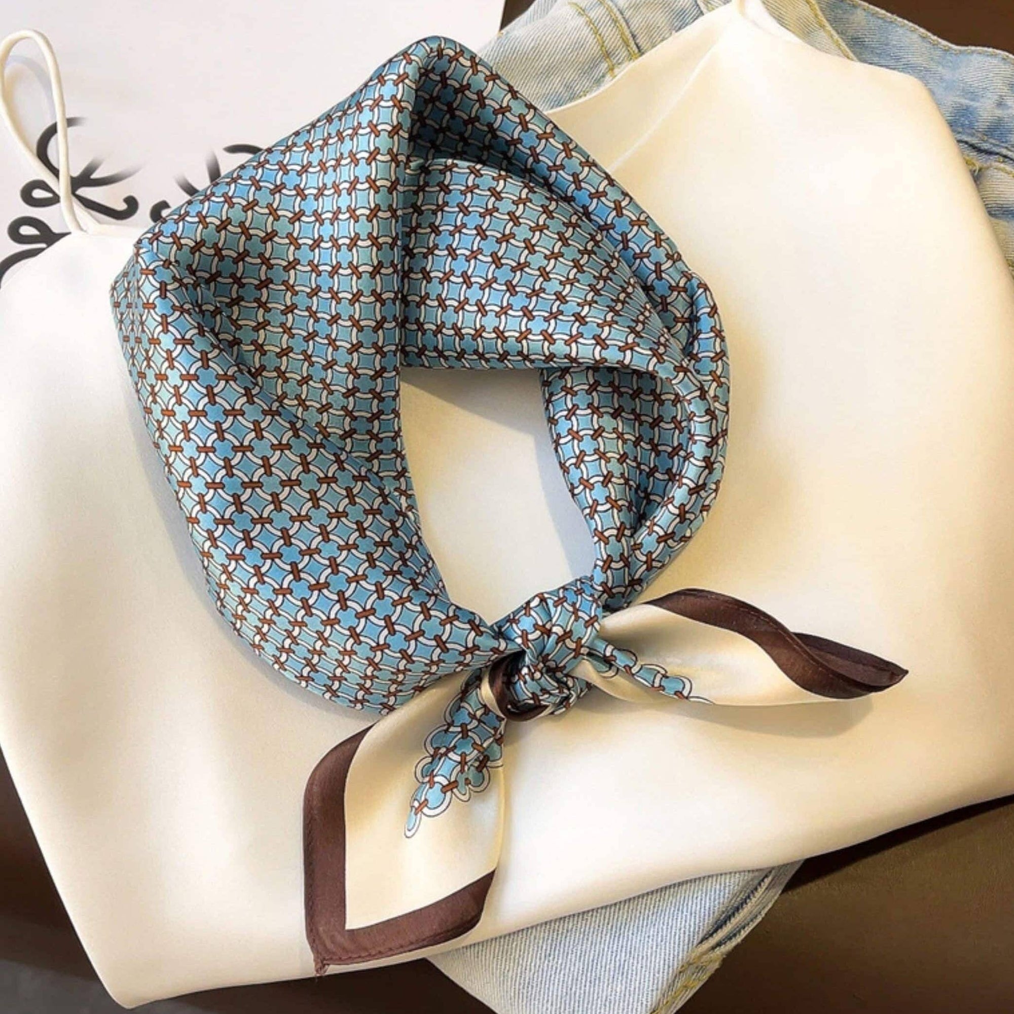 Mulberry Silk Scarf - Blue Geometric Print