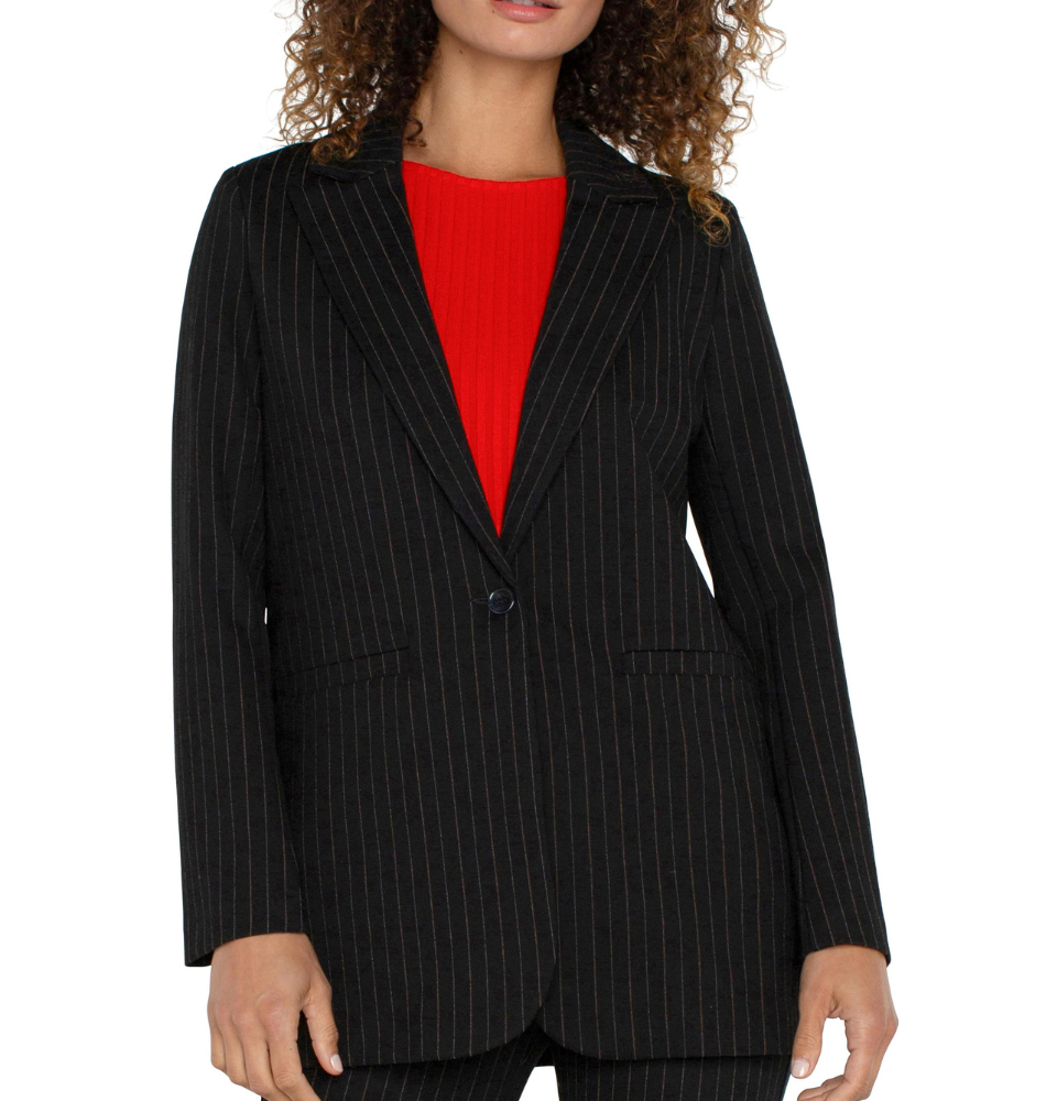 Boyfriend Button Front Blazer in Pinstripe