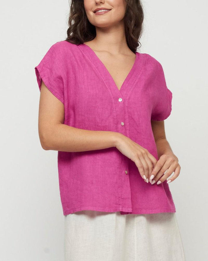 Button Down Linen Blouse in Orchid
