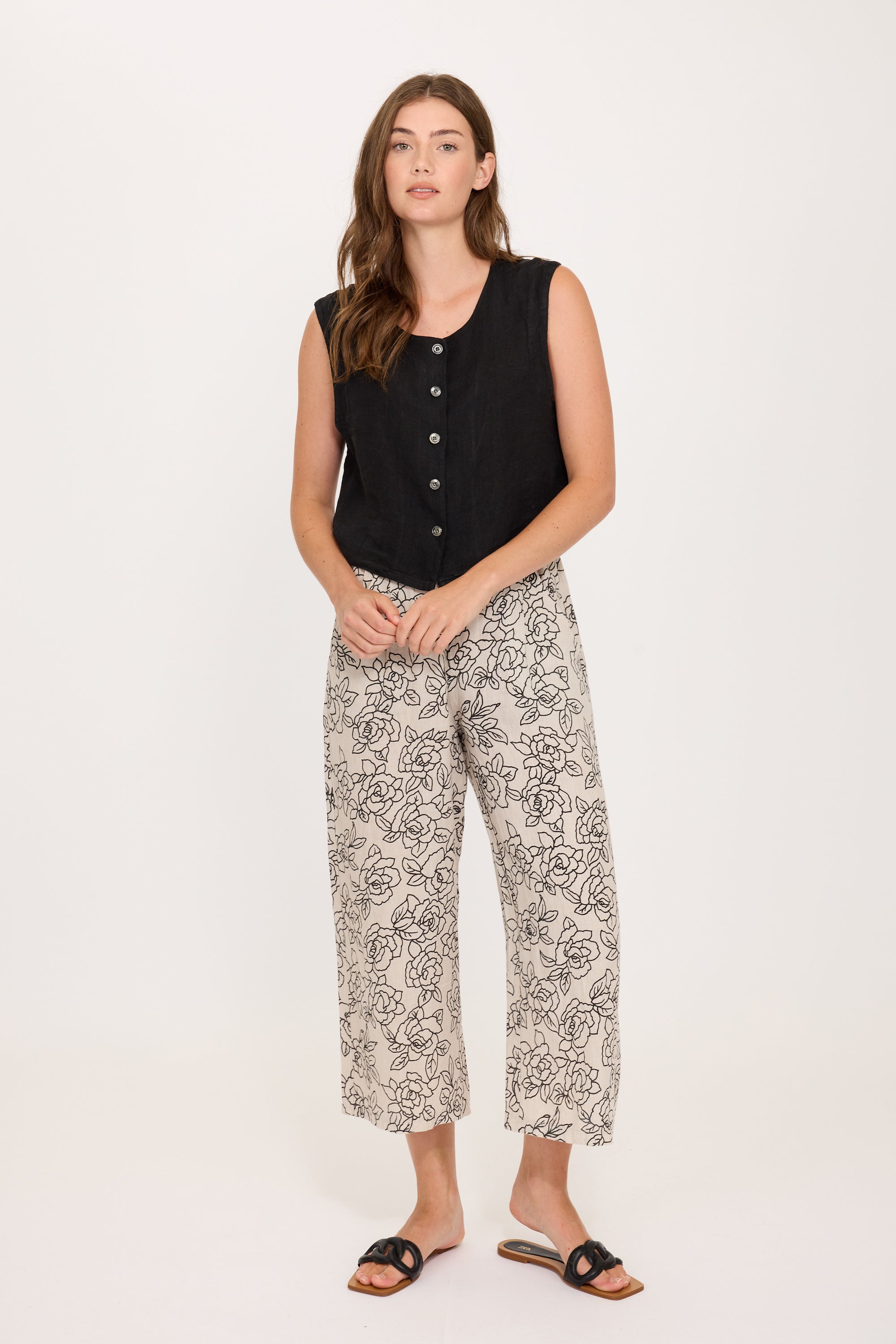Linen Boxy Button Vest - Black