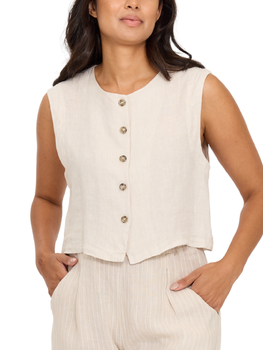 Linen Boxy Button Vest -  Buff Beige