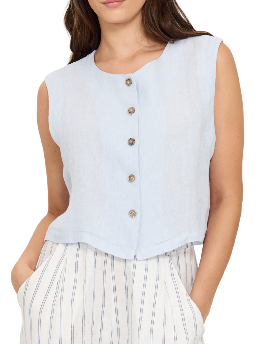 Linen Boxy Button Vest - Cloud Blue