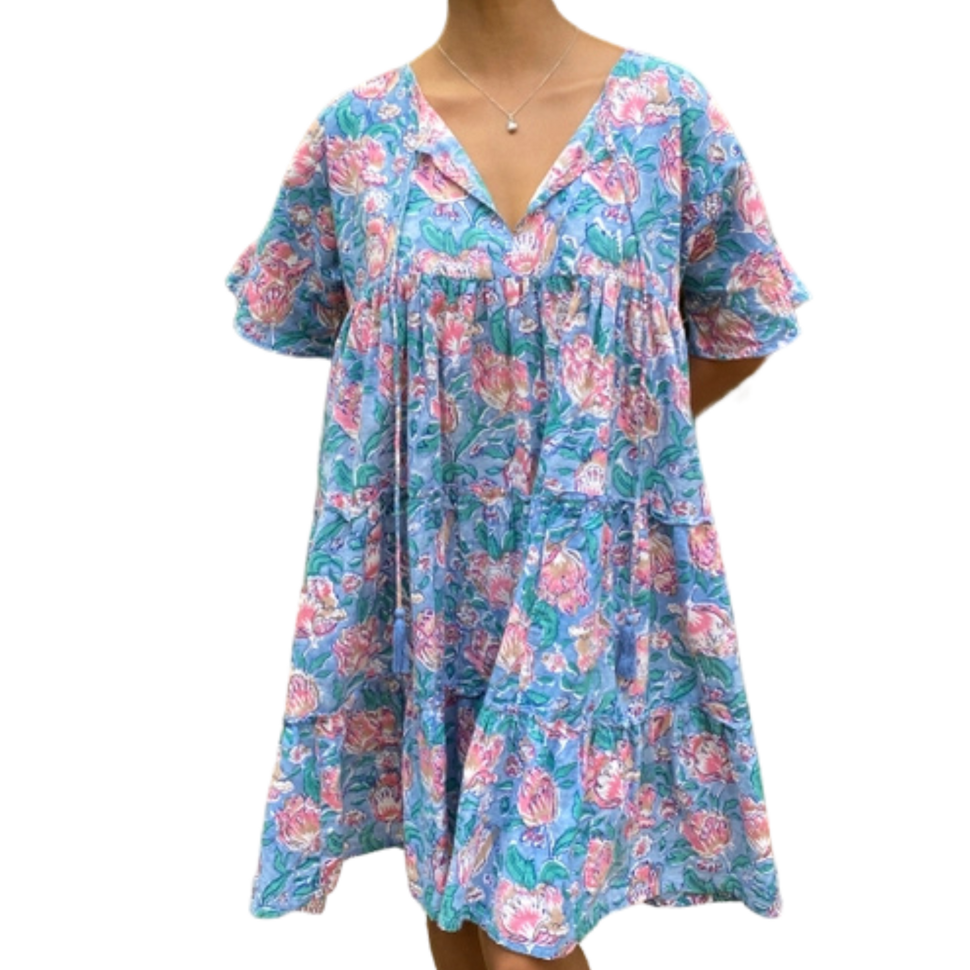 Camellia Floral Mini Dress - Blue/Pink