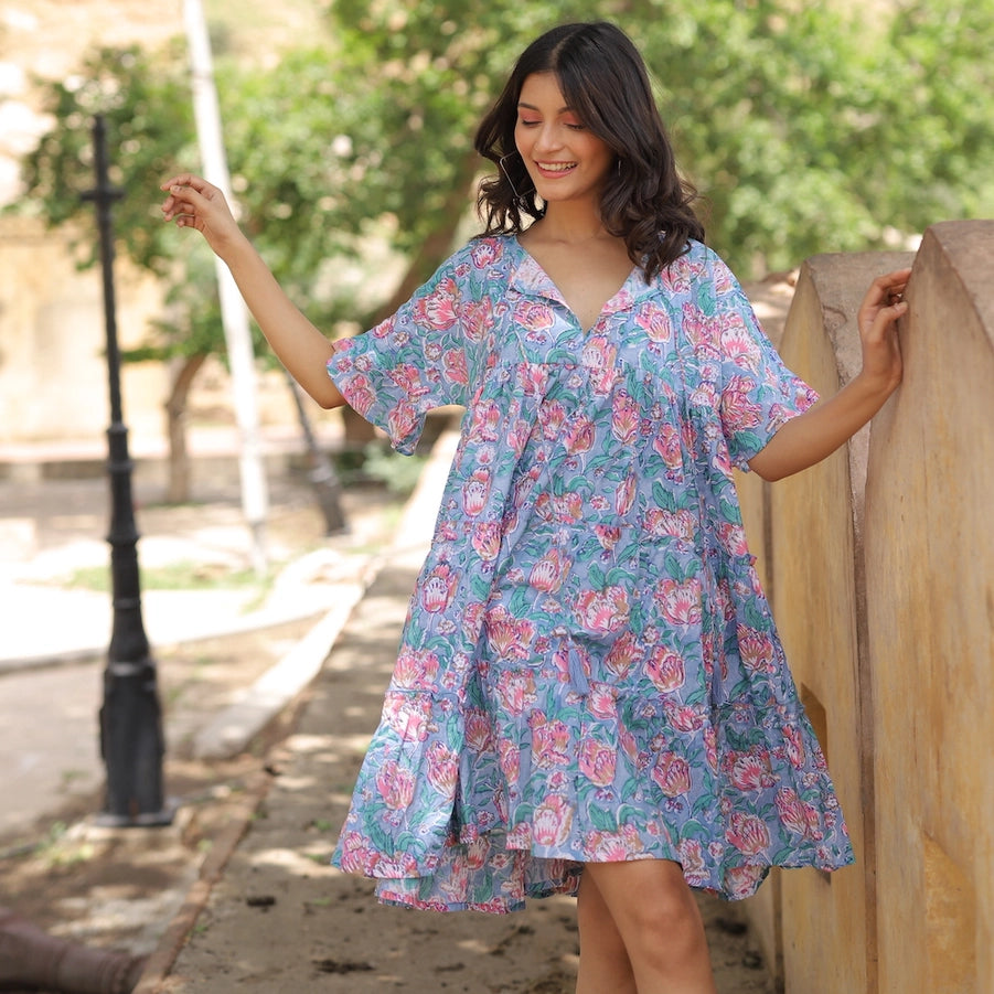 Camellia Floral Mini Dress - Blue/Pink