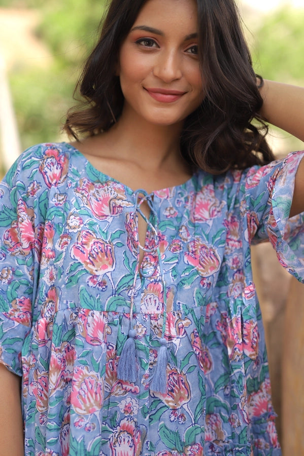 Camellia Floral Mini Dress - Blue/Pink