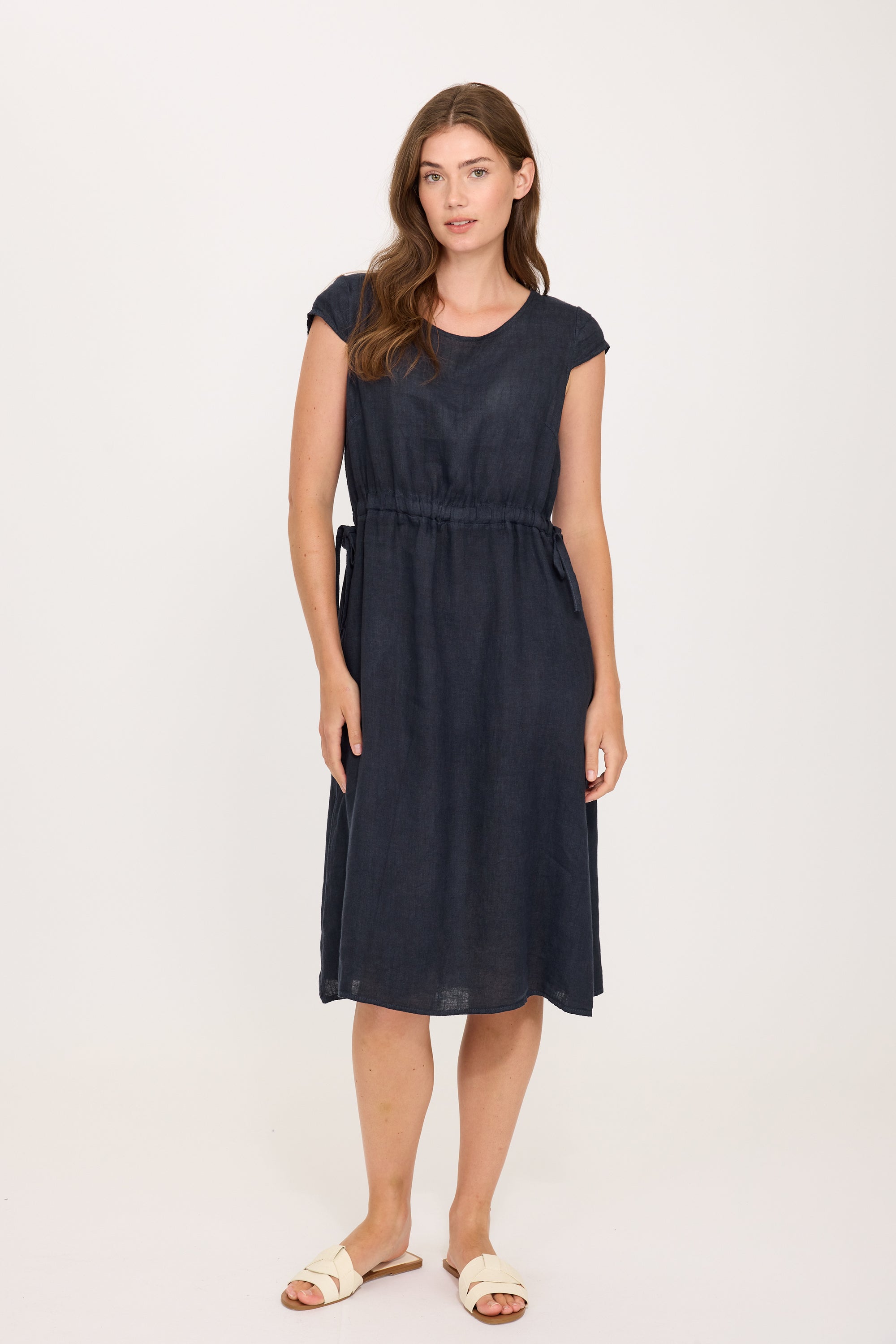 Cap Sleeve Side Tie Linen Midi Dress - Midnight Navy