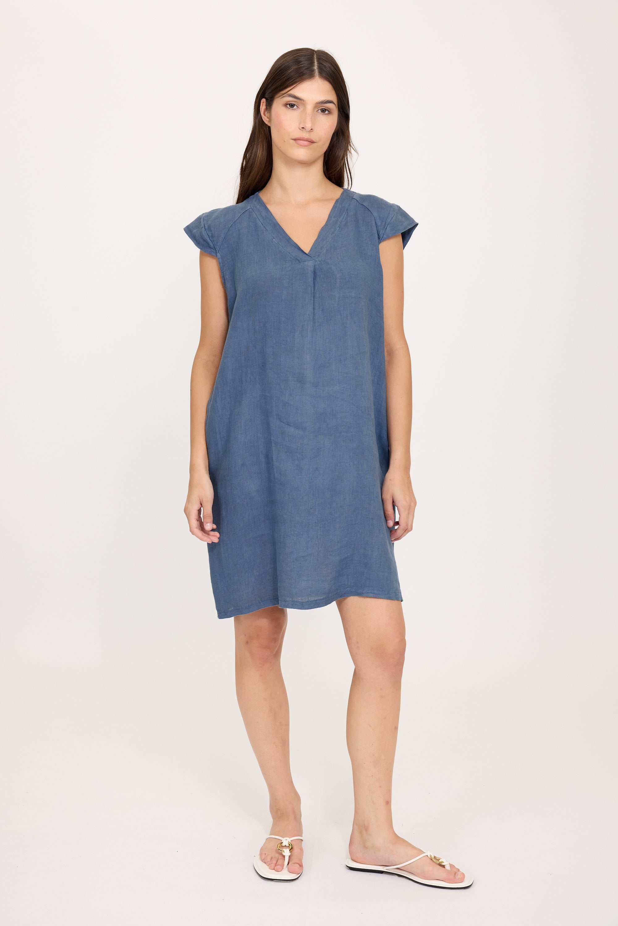 Cap Sleeve Mini Linen Dress - Blue Jeans