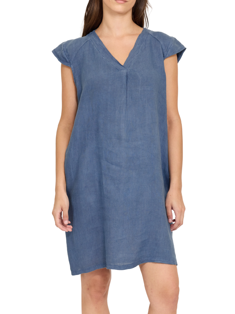Cap Sleeve Mini Linen Dress - Blue Jeans