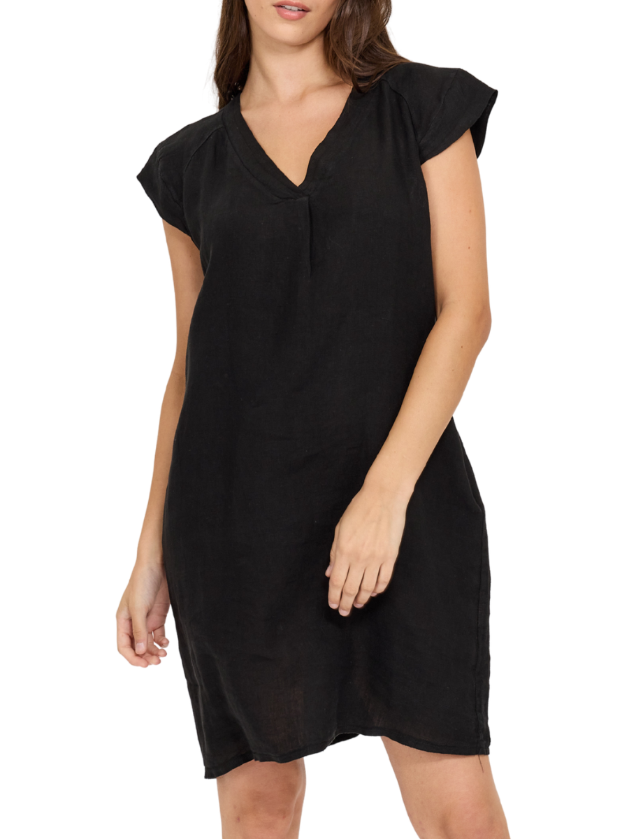 Cap Sleeve Linen Mini Dress - Black