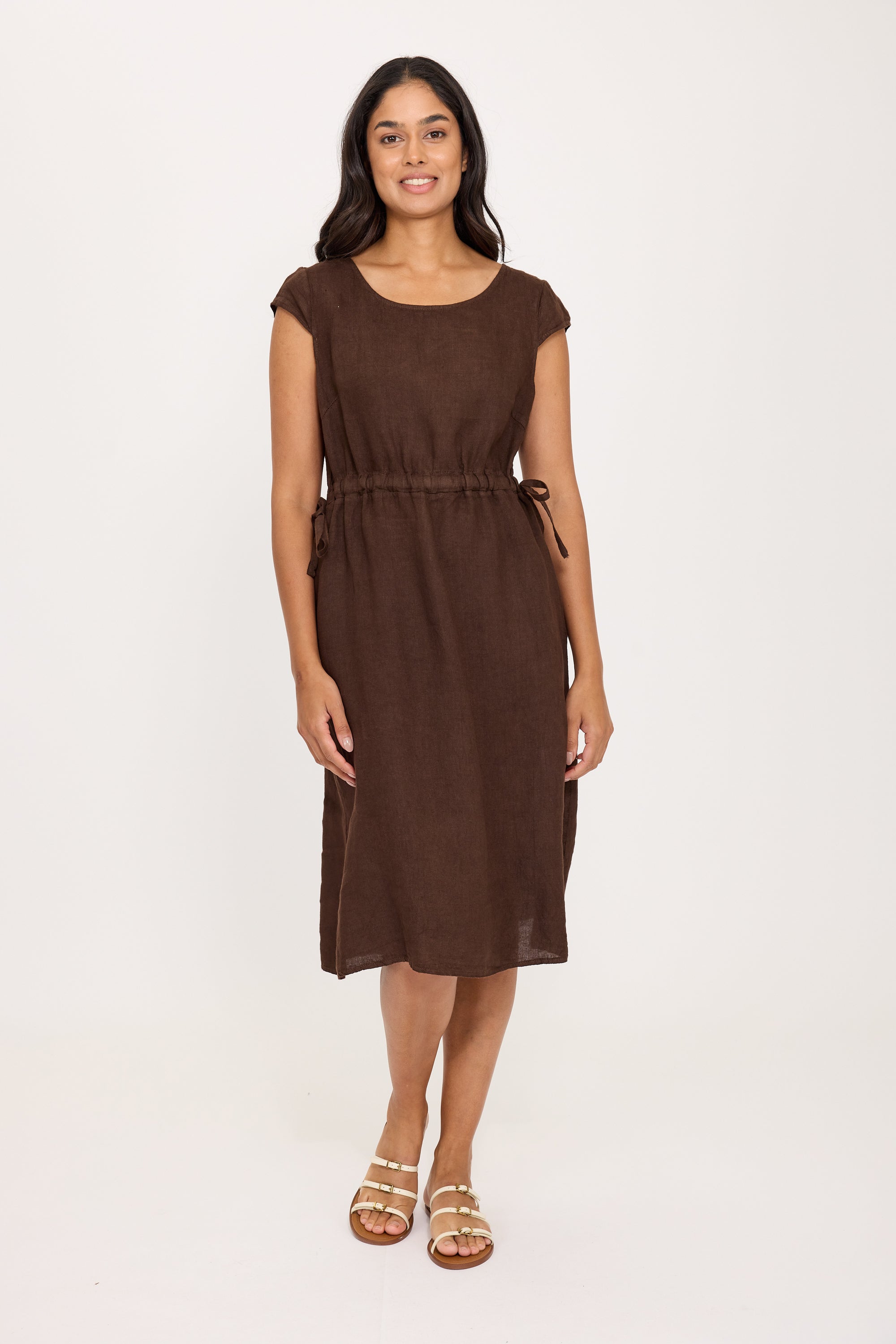 Cap Sleeve Side Tie Linen Midi Dress - Coffee