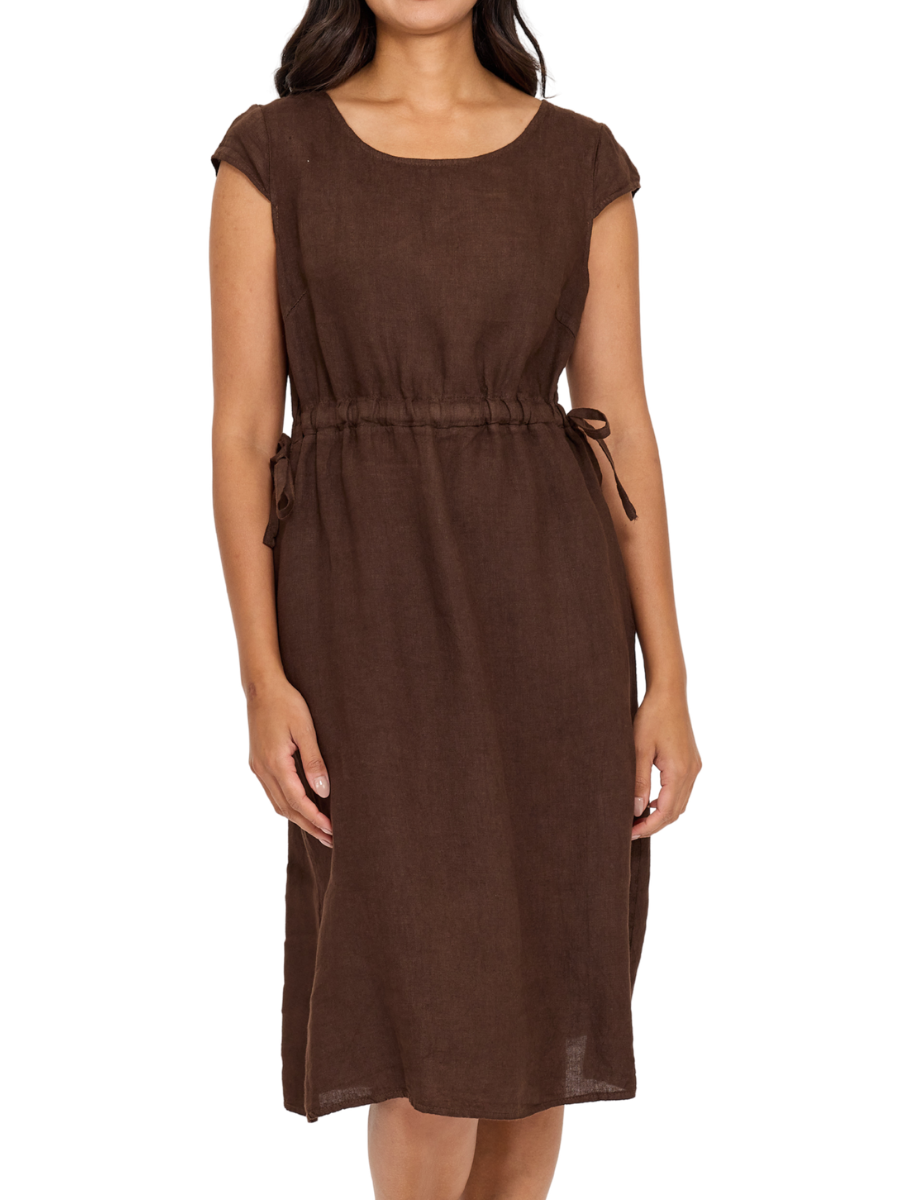 Cap Sleeve Side Tie Linen Midi Dress - Coffee