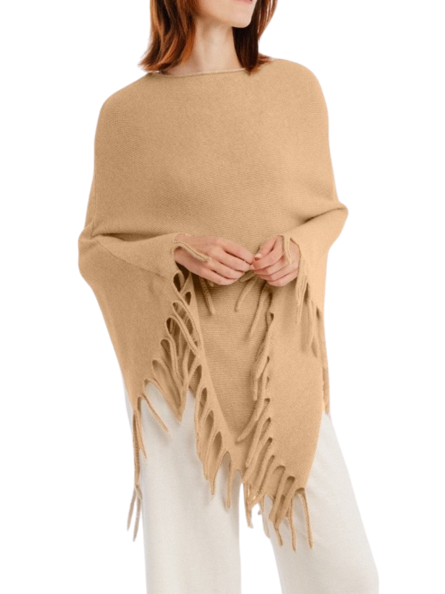 Patrice Cashmere Blend Fringe Poncho - Camel