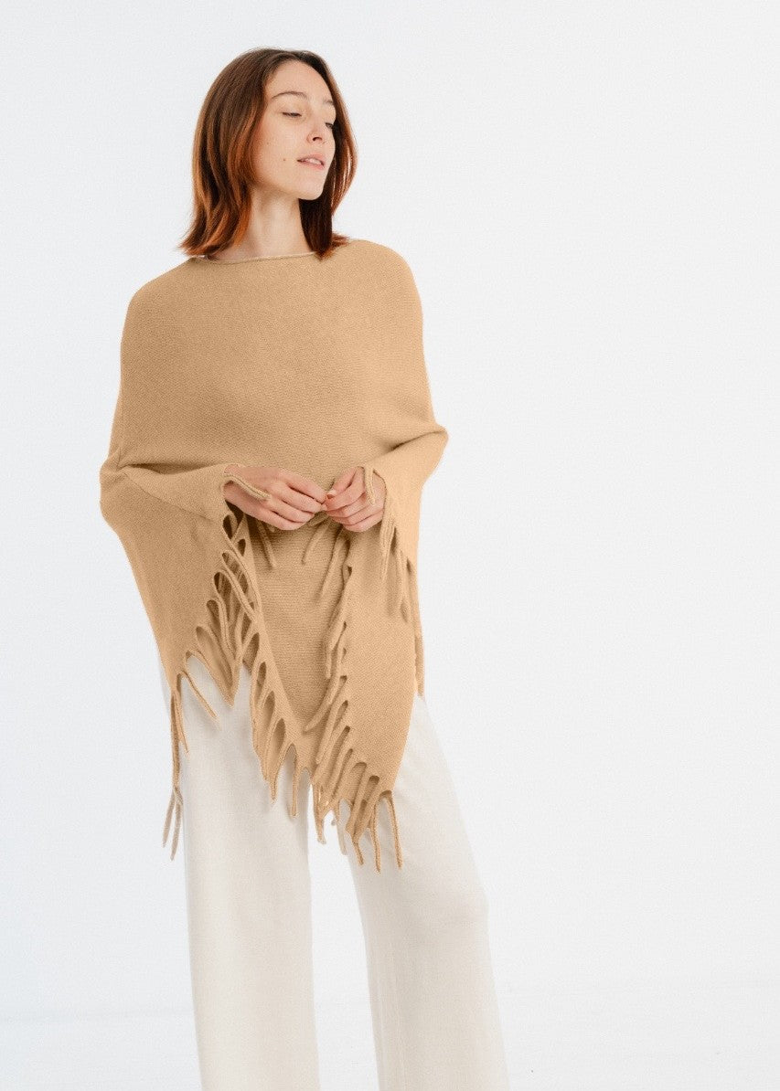 Patrice Cashmere Blend Fringe Poncho - Camel