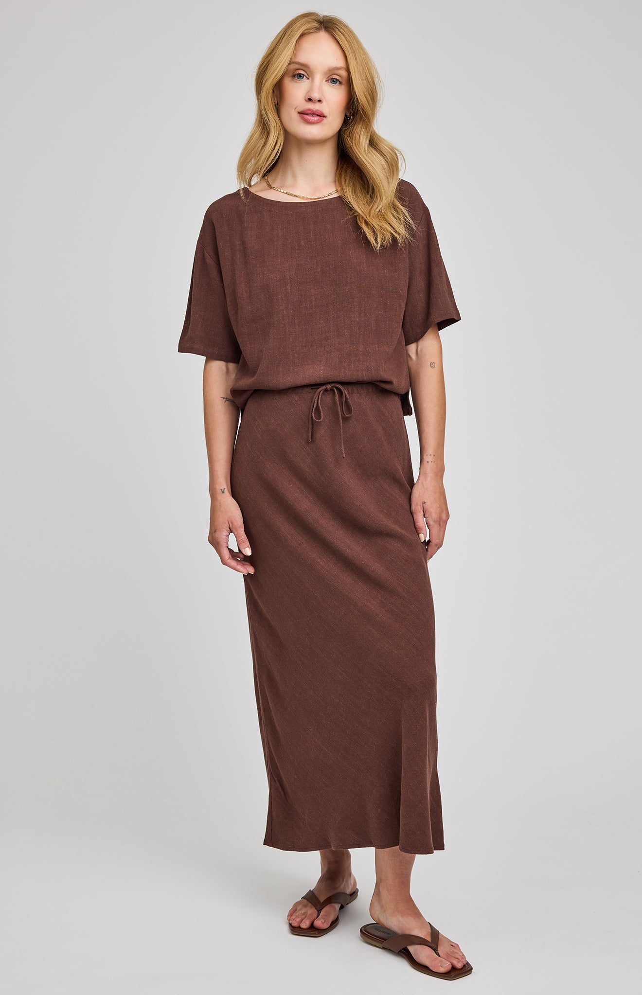Cassia Linen Blend Midi Skirt- Espresso