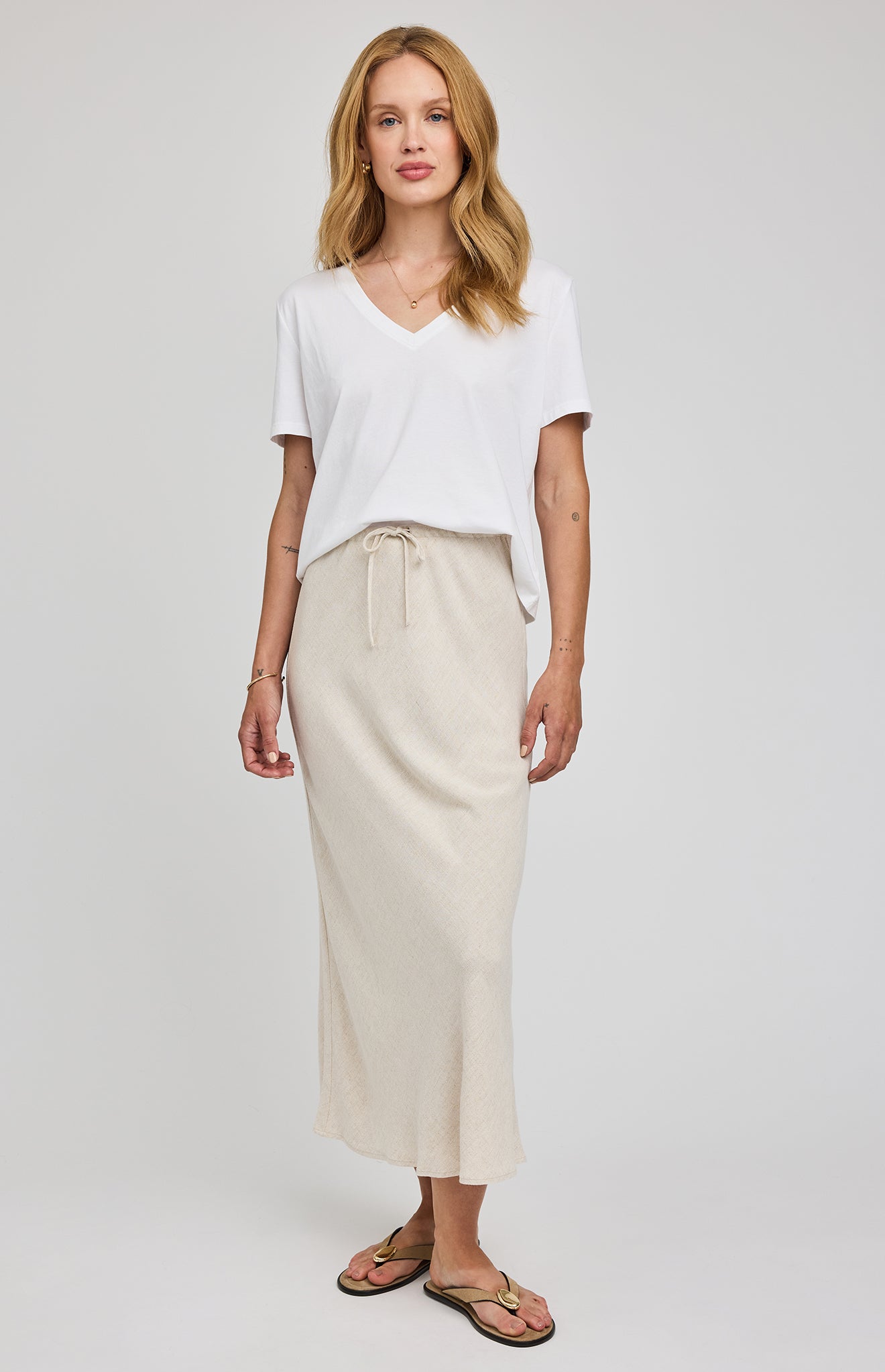 Cassia Linen Blend Midi Skirt- Soft Linen