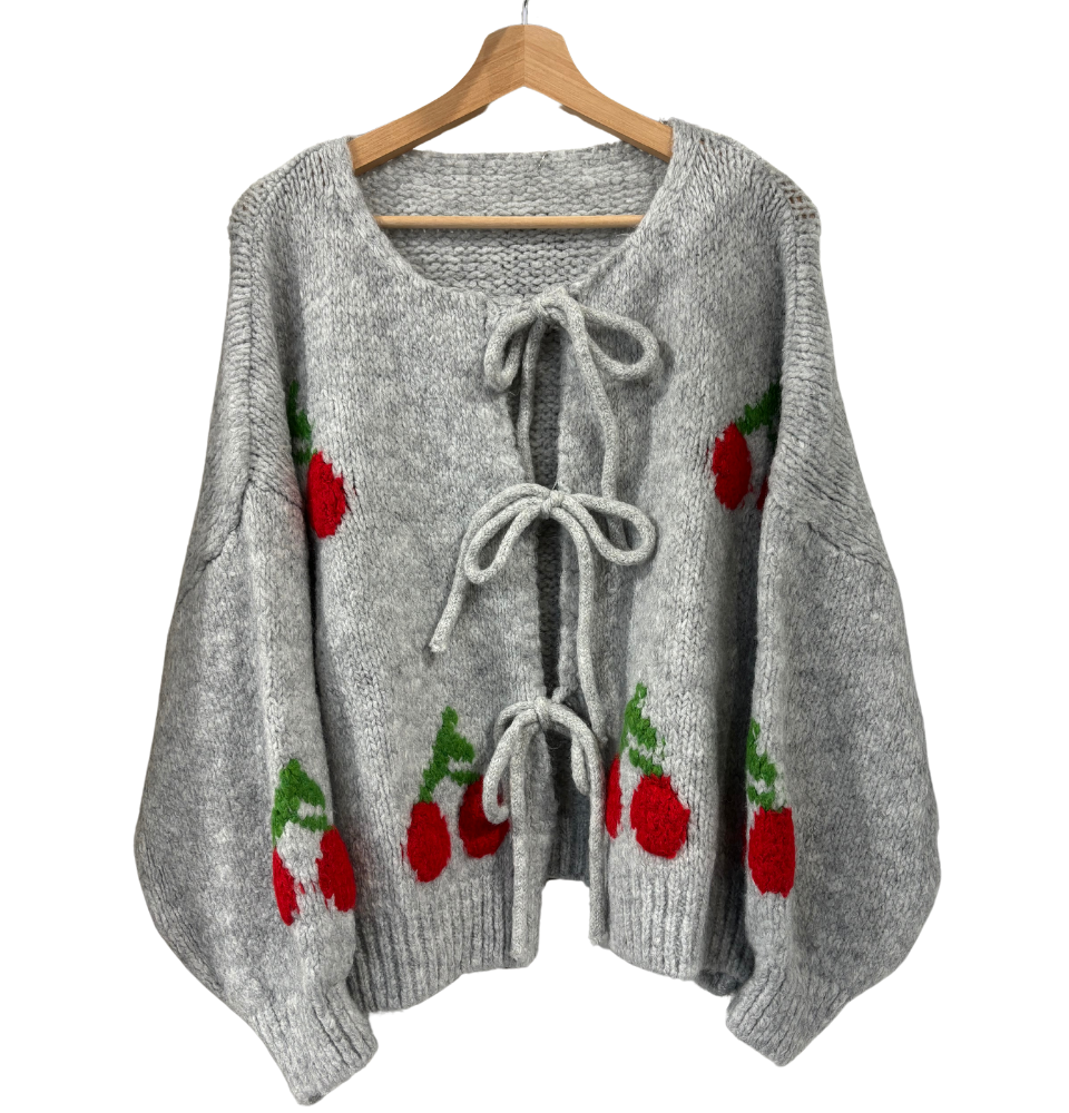 Cherry Tie-Front Cardigan in Grey