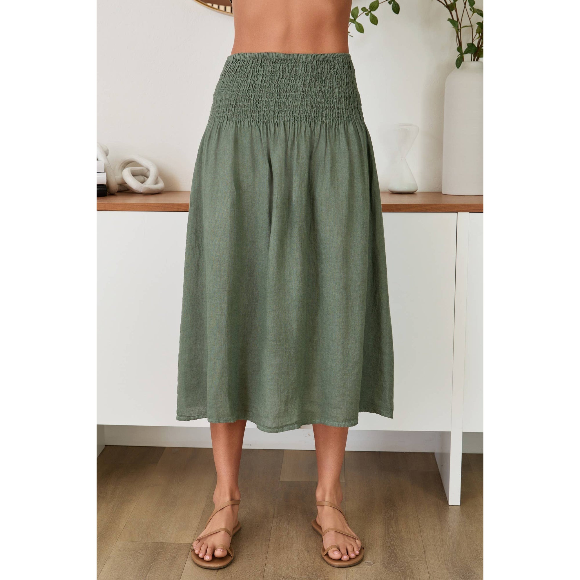 Clara A-Line Linen Skirt - Olive Green